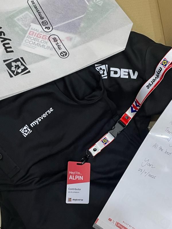 MYSverse contributor badge, lanyard and dev shirt